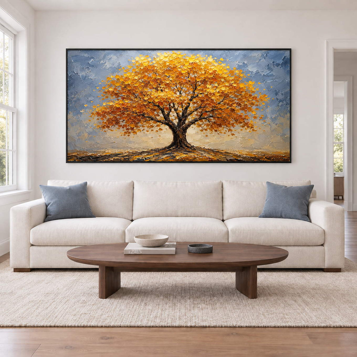 A broad golden autumn tree beneath a gray-blue sky in a black frame, displayed above a sofa in a living room.