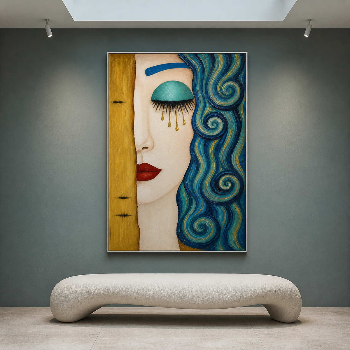 Textured portrait wall art displayed in a refined art foundation VIP lounge.
