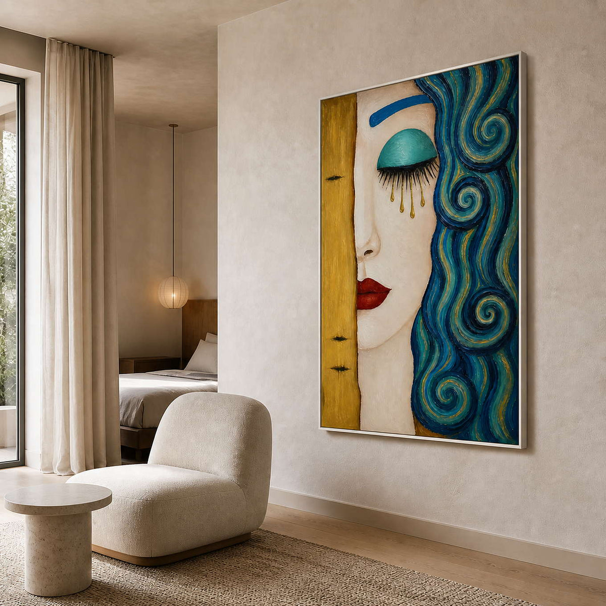 Textured portrait wall art displayed in a refined boutique hotel suite.