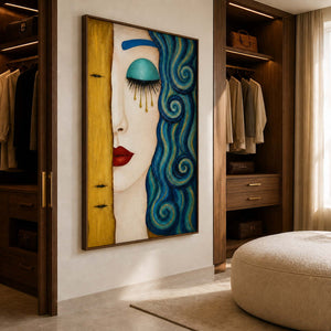Textured portrait wall art displayed in a refined collector dressing room.