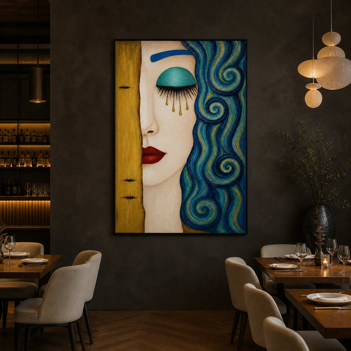 Textured portrait wall art displayed in a refined contemporary art restaurant.