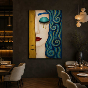 Textured portrait wall art displayed in a refined contemporary art restaurant.