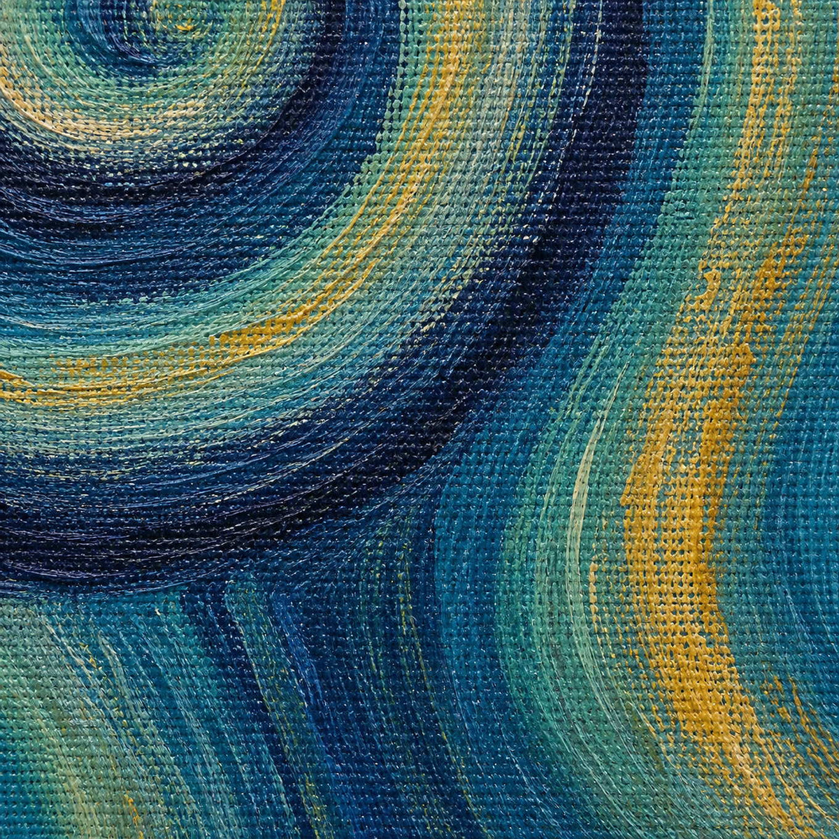 Close-up of raised hand-painted texture in deep blue, turquoise, ivory, and gold.