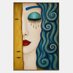 Hand-painted textured portrait wall art in deep blue, turquoise, ivory, and gold.