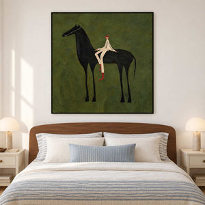 Black-framed green horse painting above a bed with blue-striped bedding.