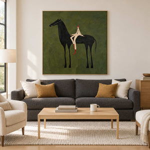 Square green equestrian painting above a charcoal sofa and light wooden table.