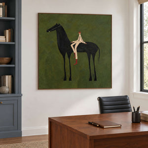 Square equestrian artwork beside blue-gray bookshelves above a study desk.