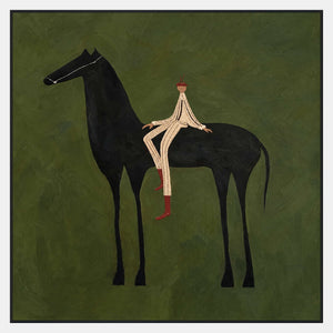 Square green artwork with a left-facing black horse and cream-striped rider with hands apart and red boots.