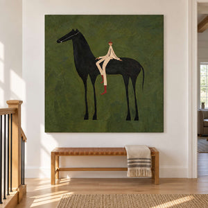 Green horse painting above a woven bench beside a stair railing.