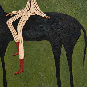 Detail of the rider's spread hands, bent legs, red boots, and black horse.