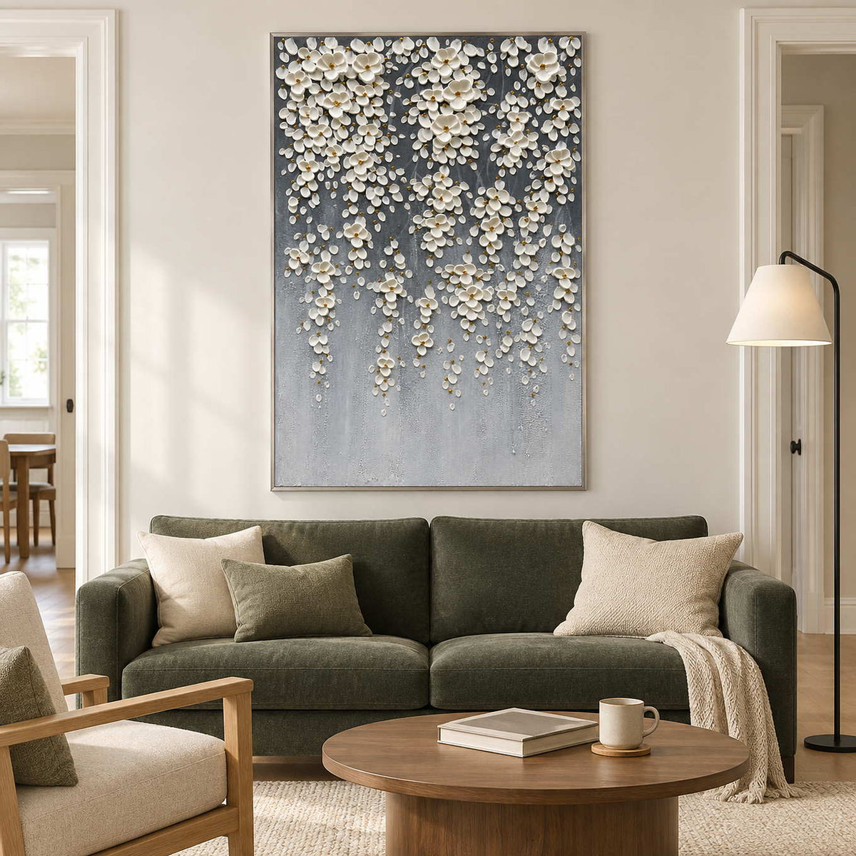 White floral artwork above an olive-green sofa.