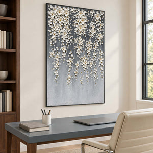 Floral painting over a gray desk beside a window.