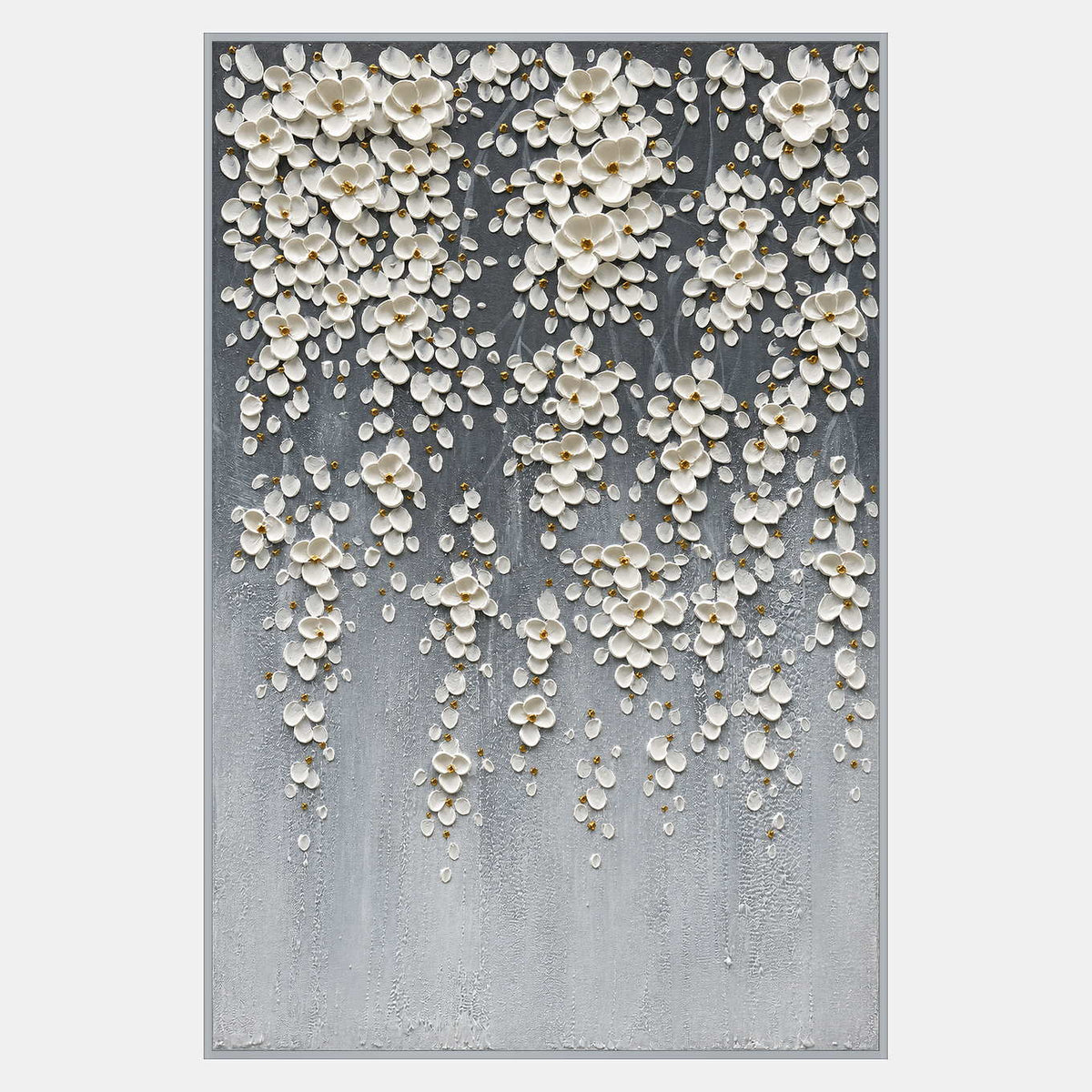 White raised flowers with golden centers and scattered petals descend across a gray background that lightens below.