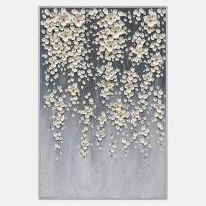 White raised flowers with golden centers and scattered petals descend across a gray background that lightens below.