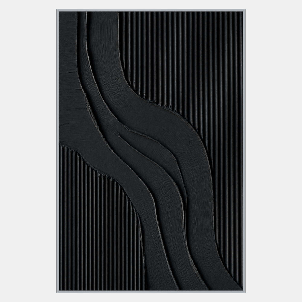 Tall nearly black abstract with broad S-shaped bands crossing fine vertical ridges.
