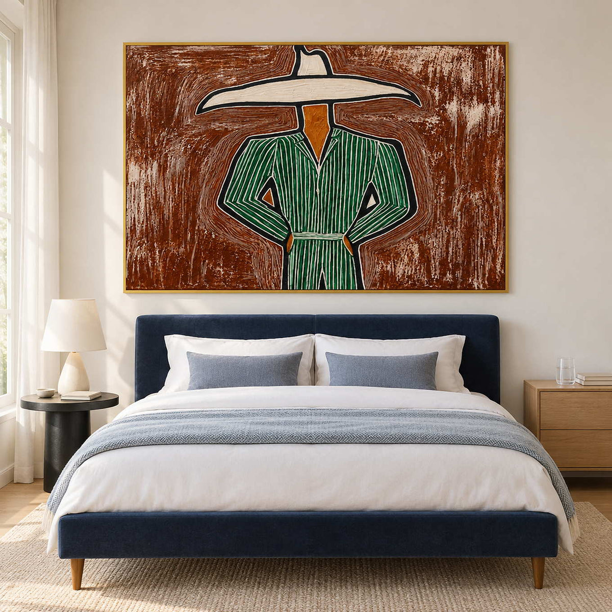 Green outfit painting above a navy bed with blue-gray bedding.