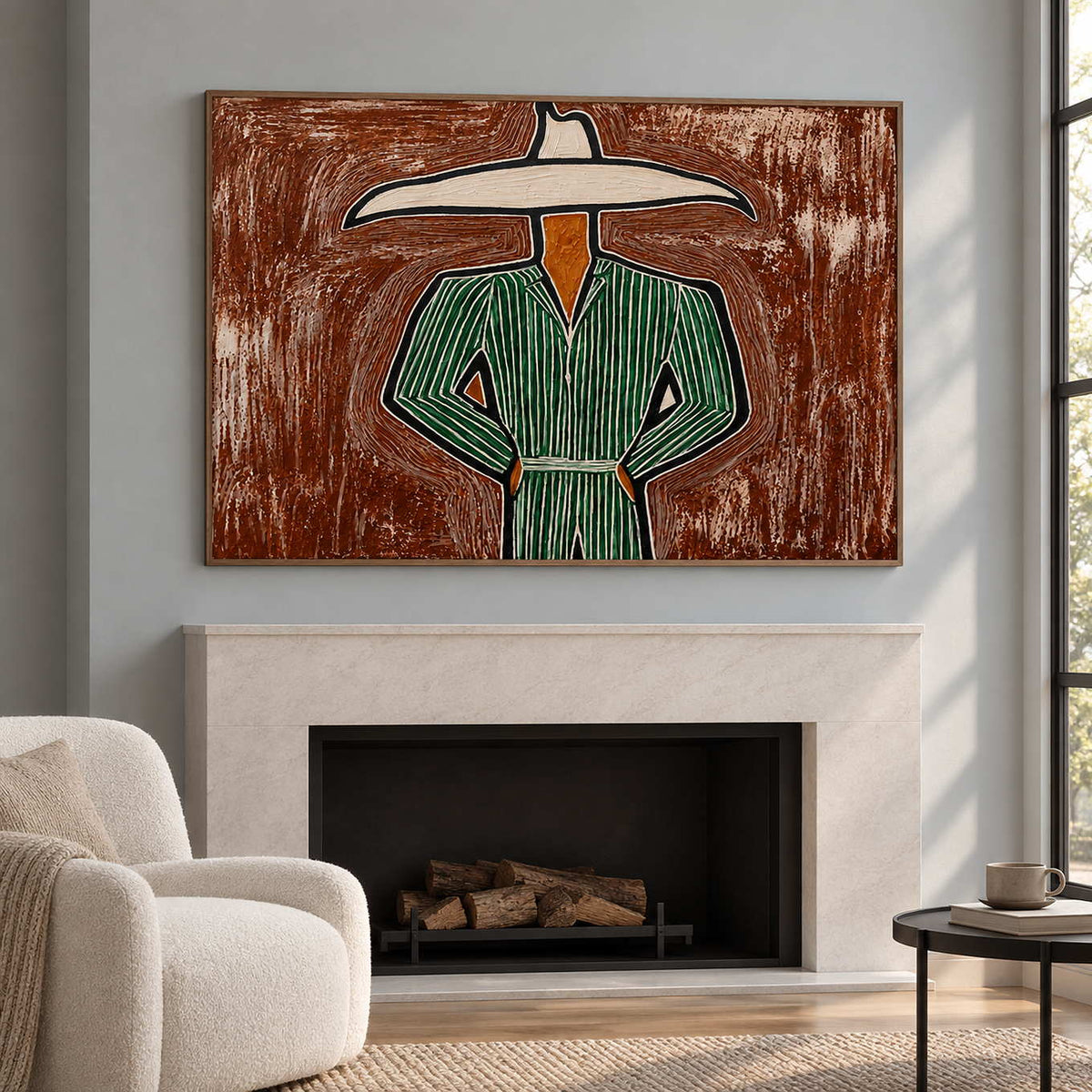 Rust-brown portrait above a fireplace on a pale blue wall.