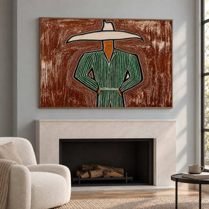 Rust-brown portrait above a fireplace on a pale blue wall.
