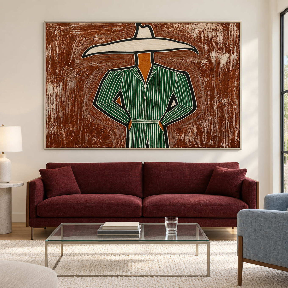 Green-striped portrait above a burgundy sofa and glass table.
