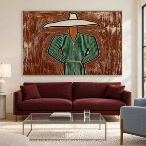 Green-striped portrait above a burgundy sofa and glass table.