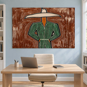 Hands-on-hips figure artwork above a pale wood desk.