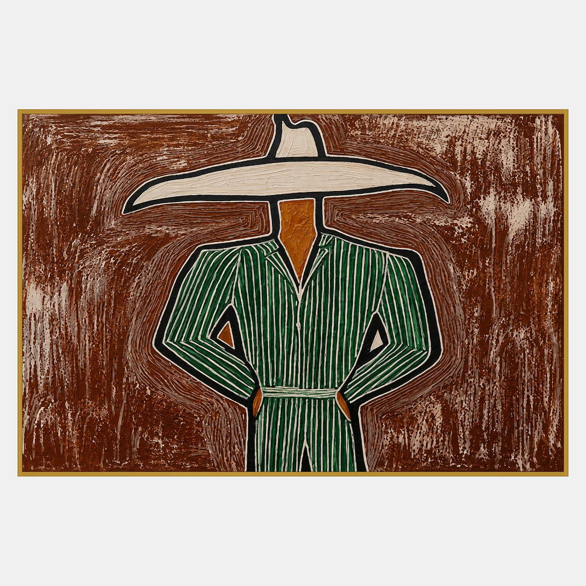 Front-facing figure with hands at the waist, green pinstriped clothing, and a wide cream hat against textured brown.