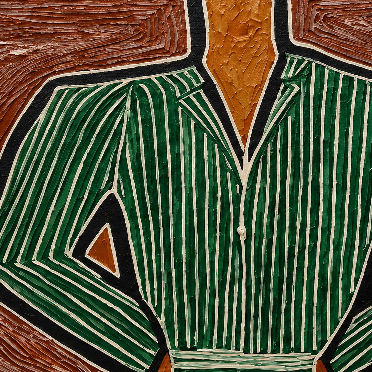 Close-up of green pinstripes, angular sleeves, and cream-edged dark outlines.