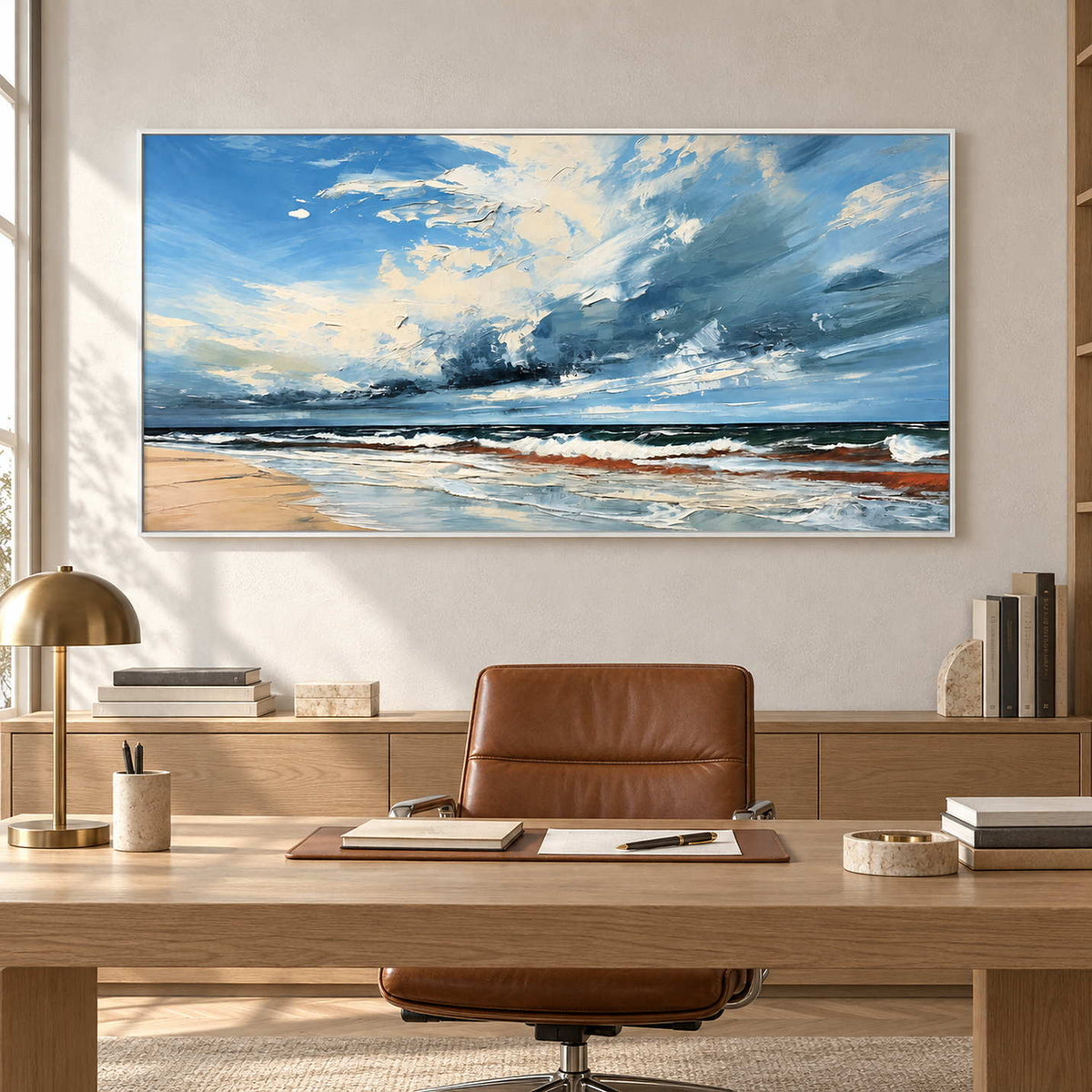 Coastal sky artwork above a long wooden office desk with a brown chair.