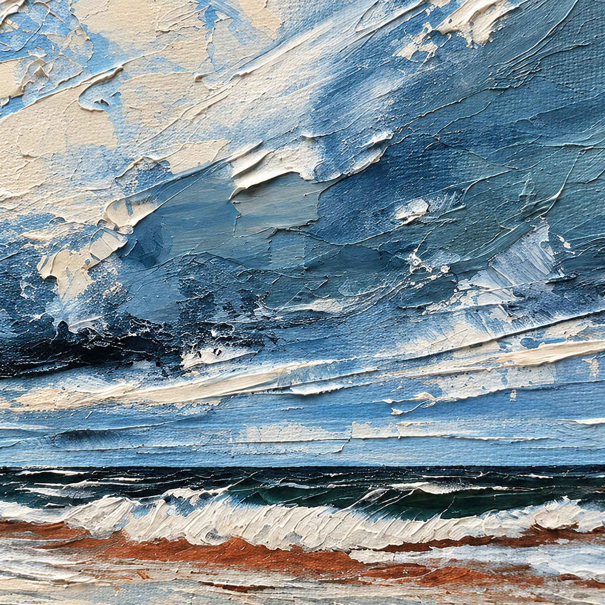 Detail of blue-gray and cream cloud strokes above the dark horizon and white surf.