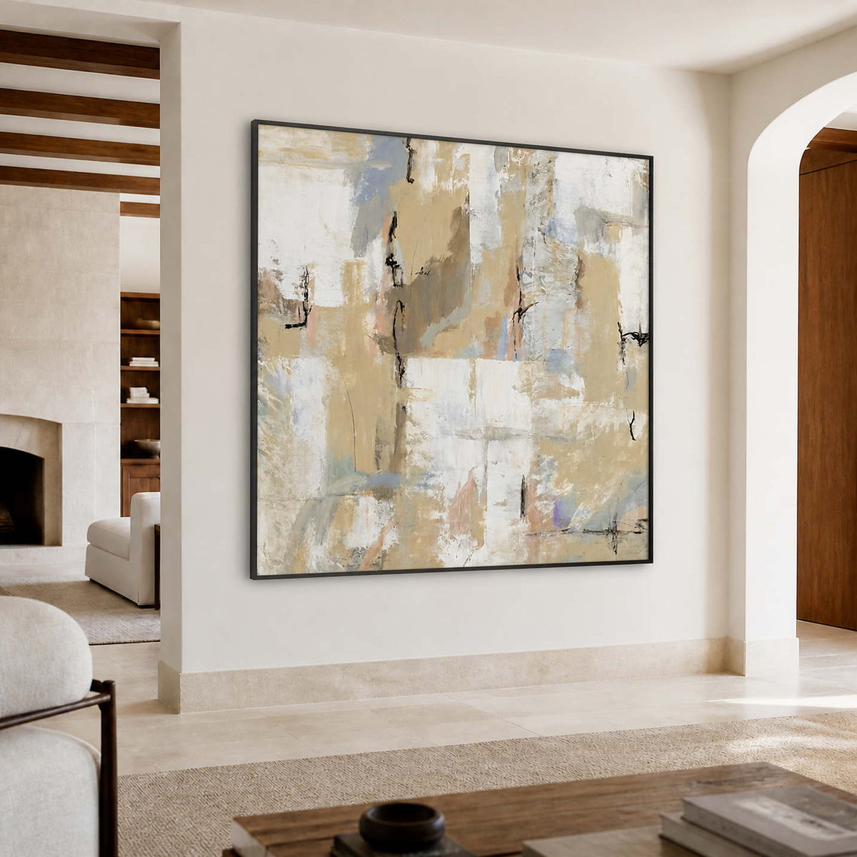 Black-framed pale abstract wall art between open passages in a softly lit neutral interior.
