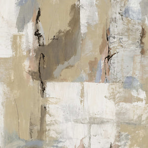 Close-up of overlapping cream and beige brushwork, pale blue-gray patches, and fine dark marks.