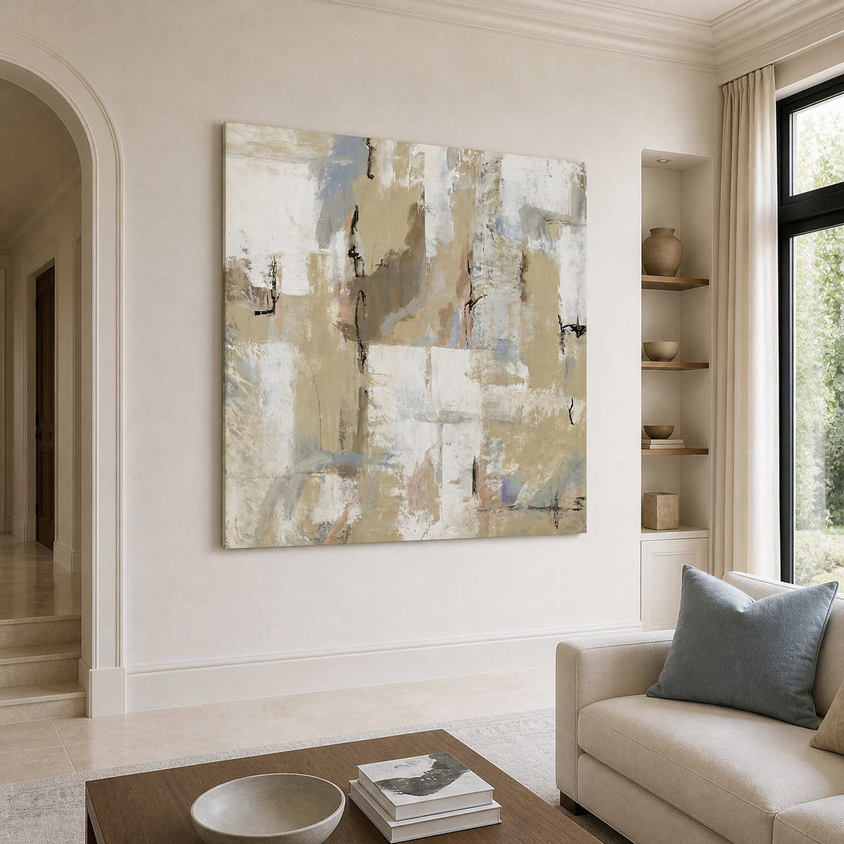 Frameless cream and blue-gray abstract artwork beside a living room sofa and recessed display shelves.