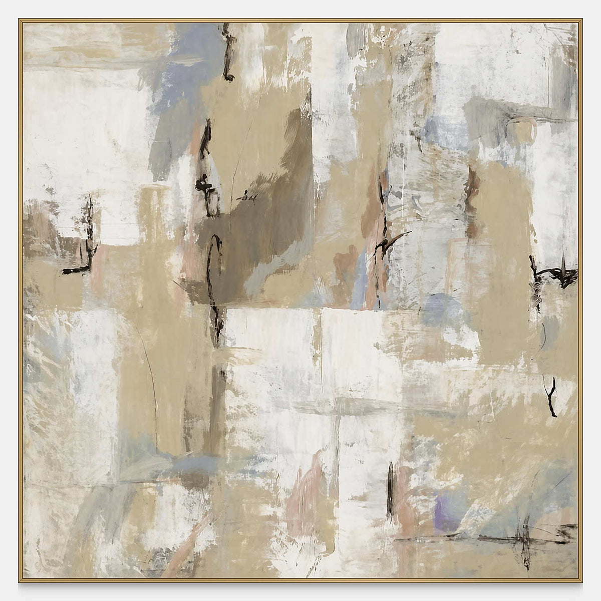 Square abstract wall art with cream, beige, pale blue-gray brushwork, and slender dark marks.