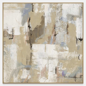 Square abstract wall art with cream, beige, pale blue-gray brushwork, and slender dark marks.