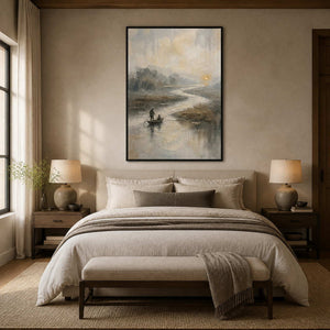 Serene boat landscape displayed above a warm neutral bedroom.