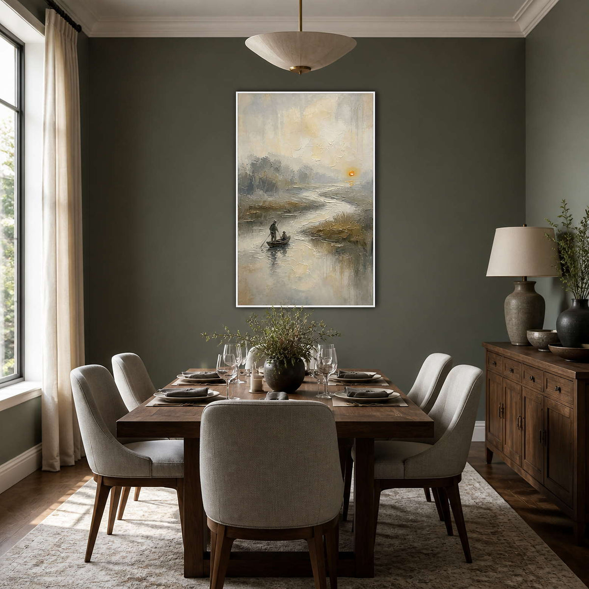 Textured river painting displayed in a deep gray dining room.
