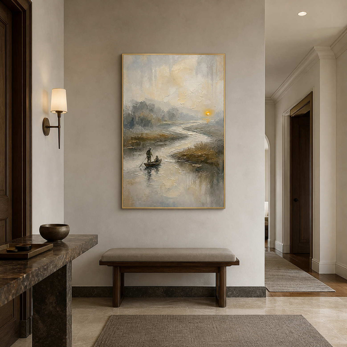 Vertical sunset landscape displayed in a bright modern entryway.