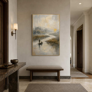 Vertical sunset landscape displayed in a bright modern entryway.