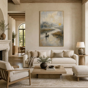 Textured landscape wall art displayed in a warm elegant living room.