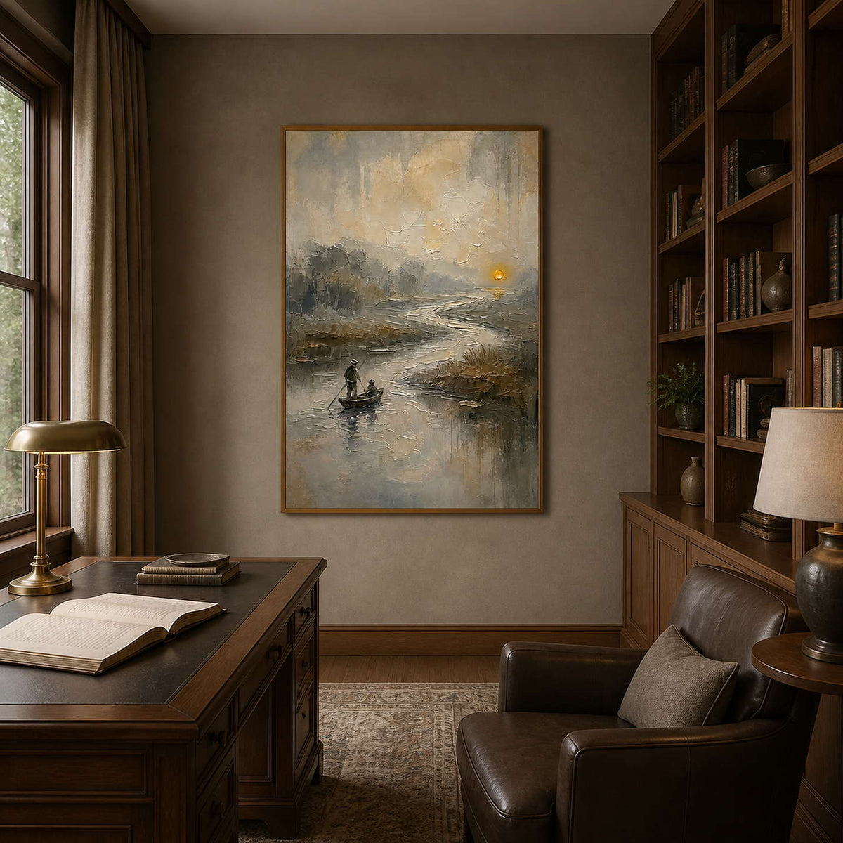 Atmospheric landscape artwork displayed in a classic walnut office.
