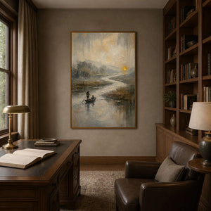 Atmospheric landscape artwork displayed in a classic walnut office.