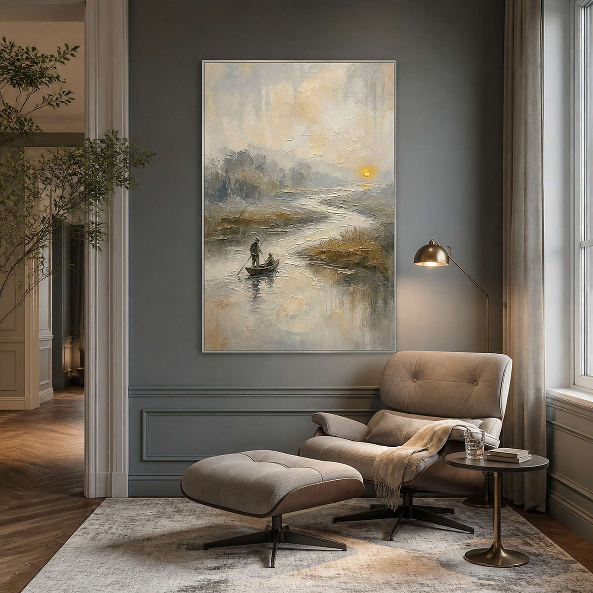 Misty boat painting displayed beside a contemporary reading chair.