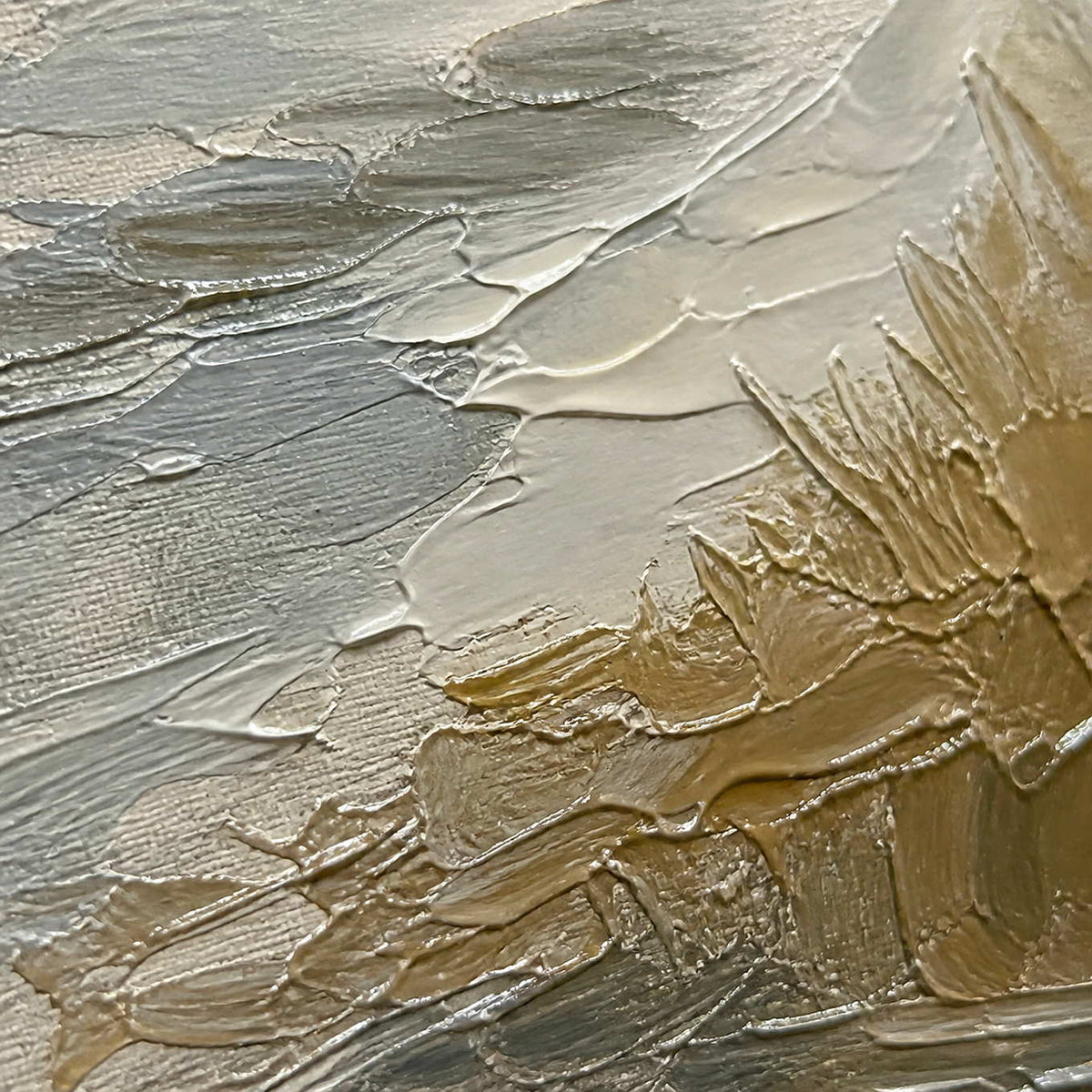 Close-up of gray river, ivory mist, and ochre paint texture.