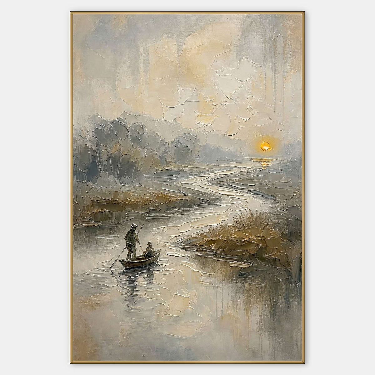 Vertical misty river landscape with a lone boat and amber sun.