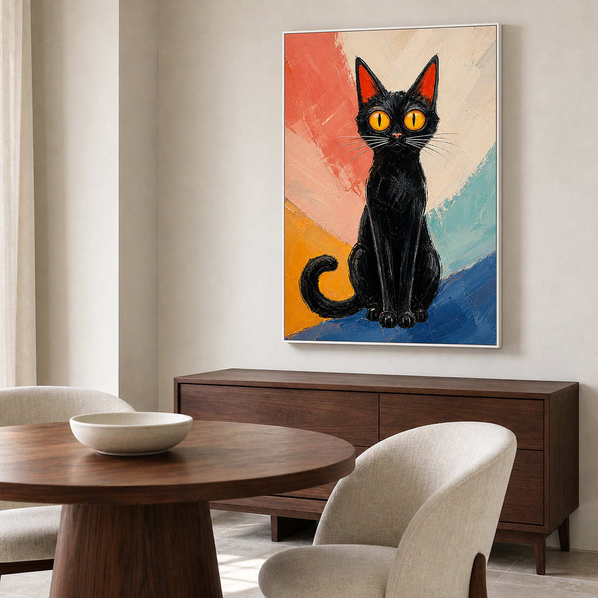 Modern Cat Wall Art displayed in a refined dining room.