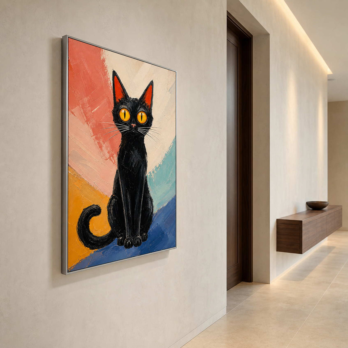 Modern Cat Wall Art displayed in a refined entryway.