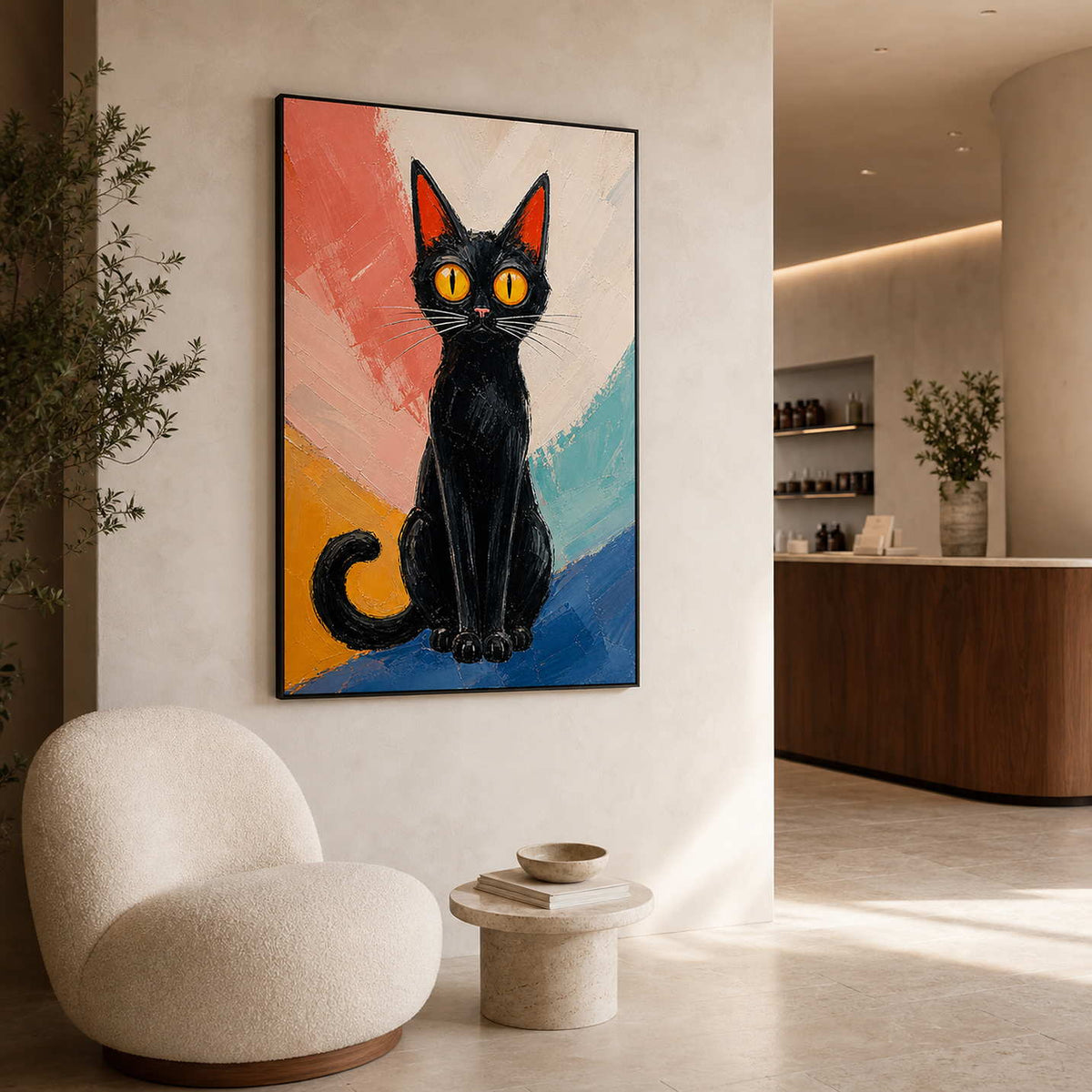 Modern Cat Wall Art displayed in a refined hospitality lounge.