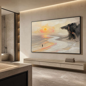 Warm neutral textured landscape wall art displayed in a serene luxury bathroom.