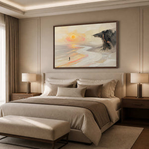 Contemplative neutral landscape wall art displayed above a luxury primary bedroom.