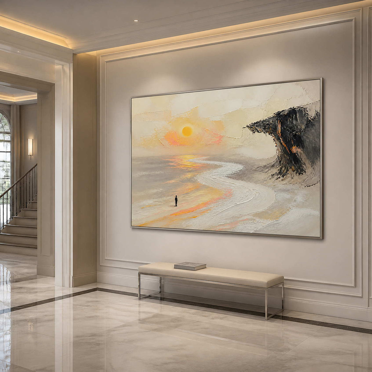 Textured sunset landscape wall art displayed in an elegant luxury entryway.